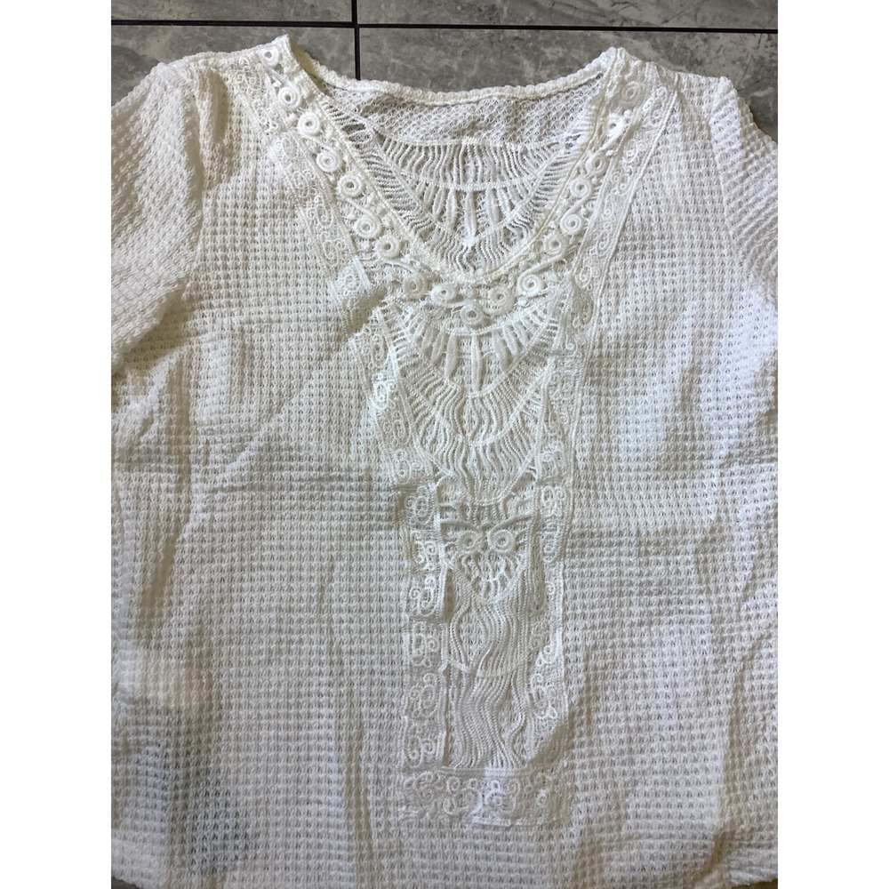 Cupshe Womens White Waffle Knit Crochet Lace V-Neck Short Sleeve Top Small NEW - Picture 2 of 7